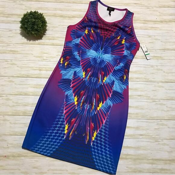 Laundry Shelli Segal NWT Colorful Rainbow Feather Floral Pencil Dress Size Large - Picture 1 of 6
